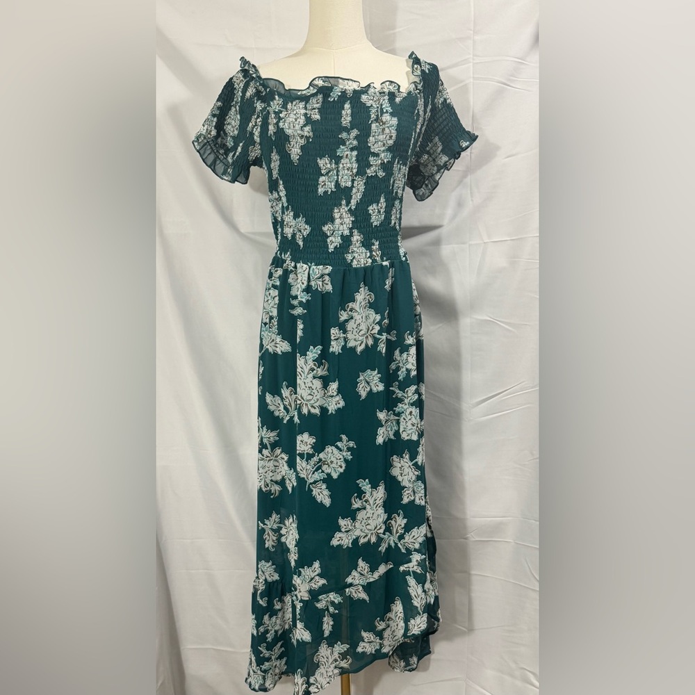 Maurices Teal and White Floral Smocked Asymmetrical Midi Dress